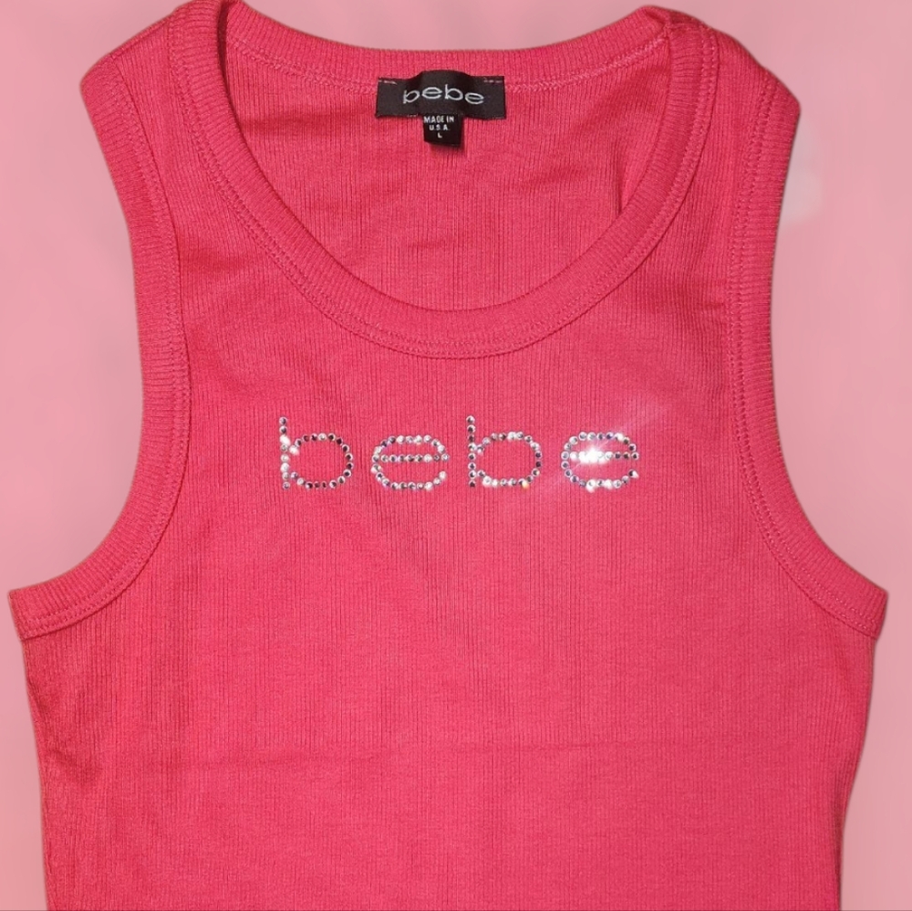 Bebe Rhinestone Logo Tank Top Hot Pink Size L – New Without Tags